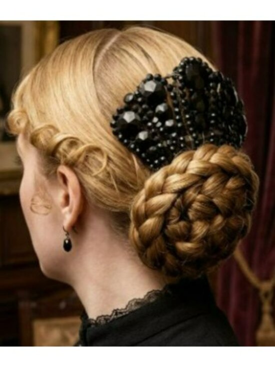 Antique Victorian Mourning Comb Jet Black Beads Beaded Faceted Spanish style main image 6